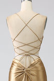 Golden Mermaid Spaghetti stropper Satin Long Prom Kjole med snøre-up Back