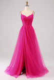 Fuchsia A-Line Spaghetti stropper Long Corset Prom Dress med Slit