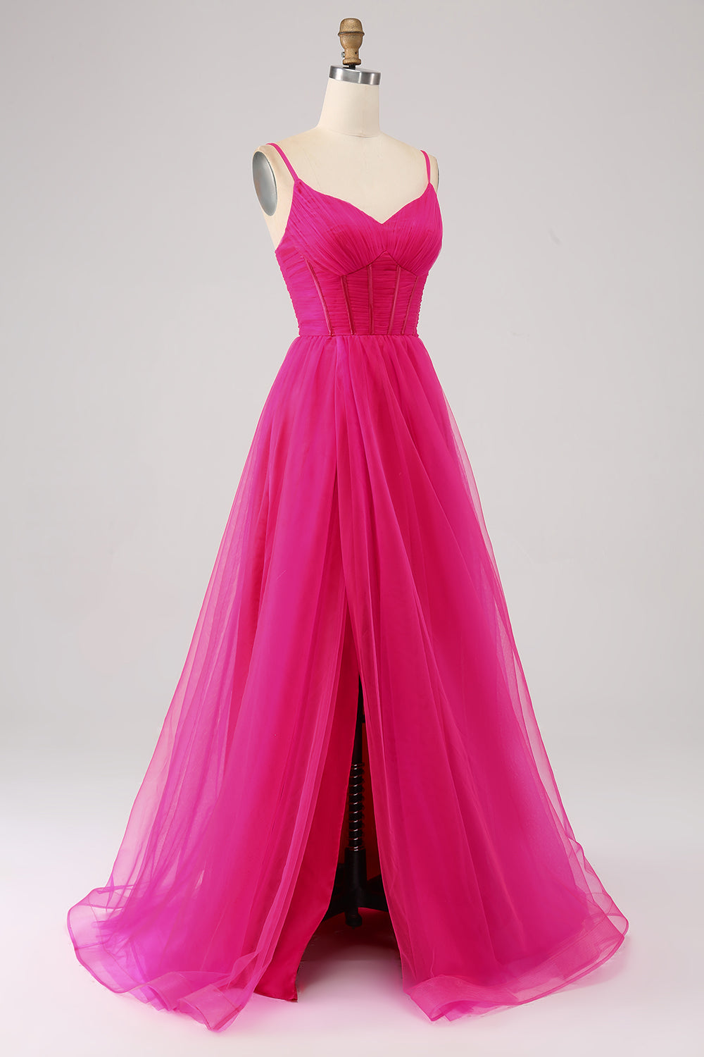 Fuchsia A-Line Spaghetti stropper Long Corset Prom Dress med Slit