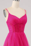Fuchsia A-Line Spaghetti stropper Long Corset Prom Dress med Slit