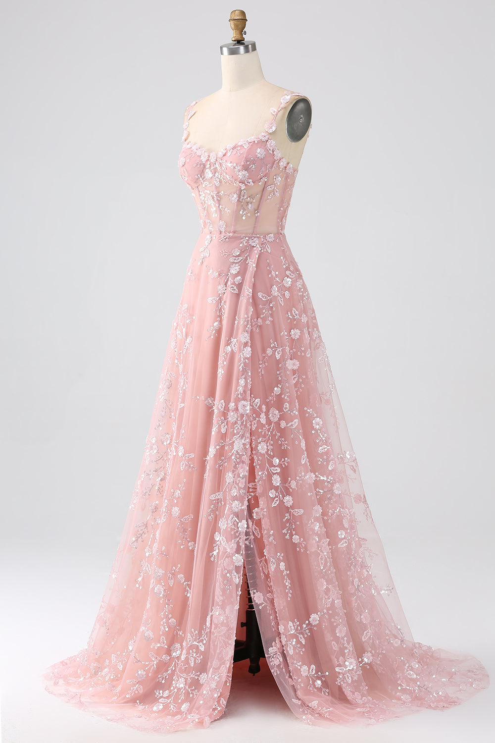 Sparkly Blush A Line Spaghetti stropper paljett korsett Prom kjole med spalt