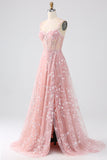 Sparkly Blush A Line Spaghetti stropper paljett korsett Prom kjole med spalt