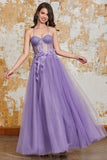 A-Line Spaghetti stropper lilla korsett Prom kjole med 3D blomster