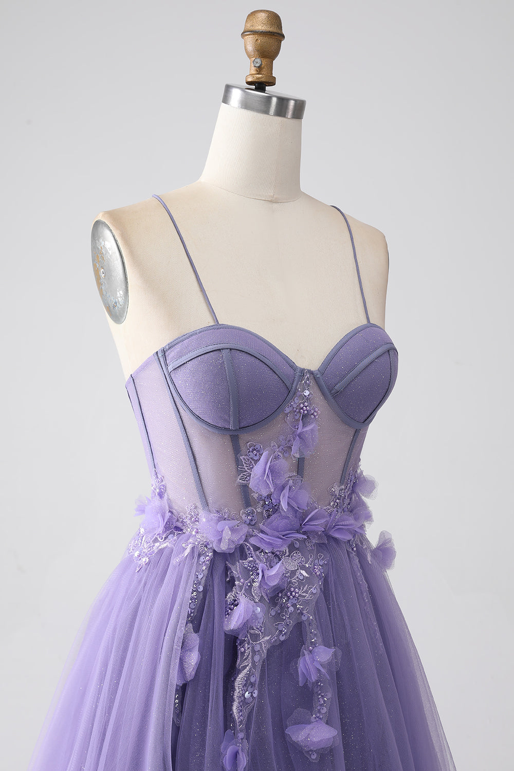 Lilla A-Line Spaghetti stropper Korsett Prom kjole med 3D blomster