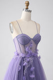 Lilla A-Line Spaghetti stropper Korsett Prom kjole med 3D blomster