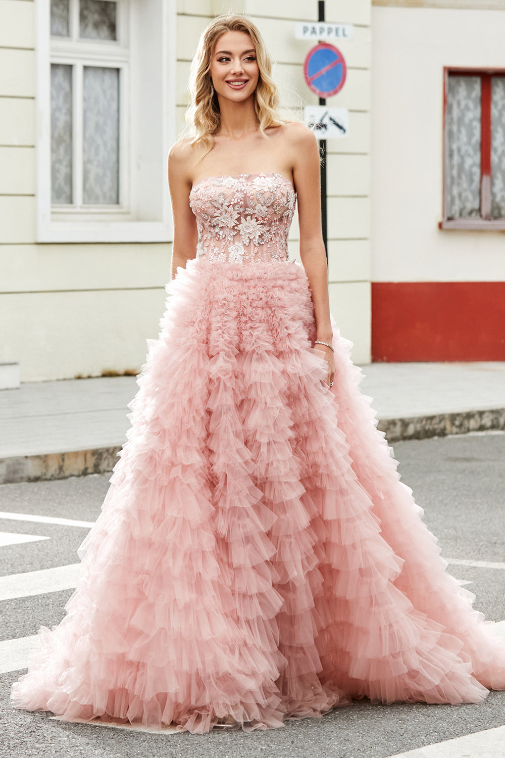 A-Line stroppeløs Beaded Blush lagdelt lang ballkjole