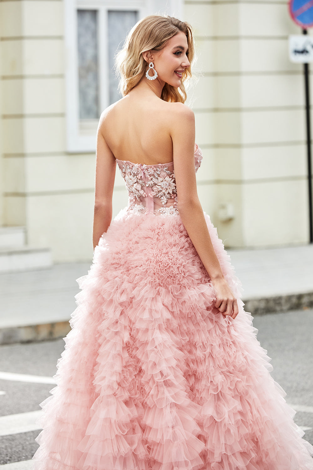 A-Line stroppeløs Beaded Blush lagdelt lang ballkjole