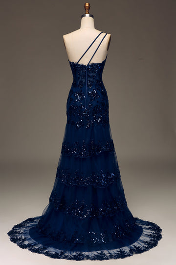 Sparkly Dark Navy Tiered Lace One Shoulder Long Prom Dress med Slit