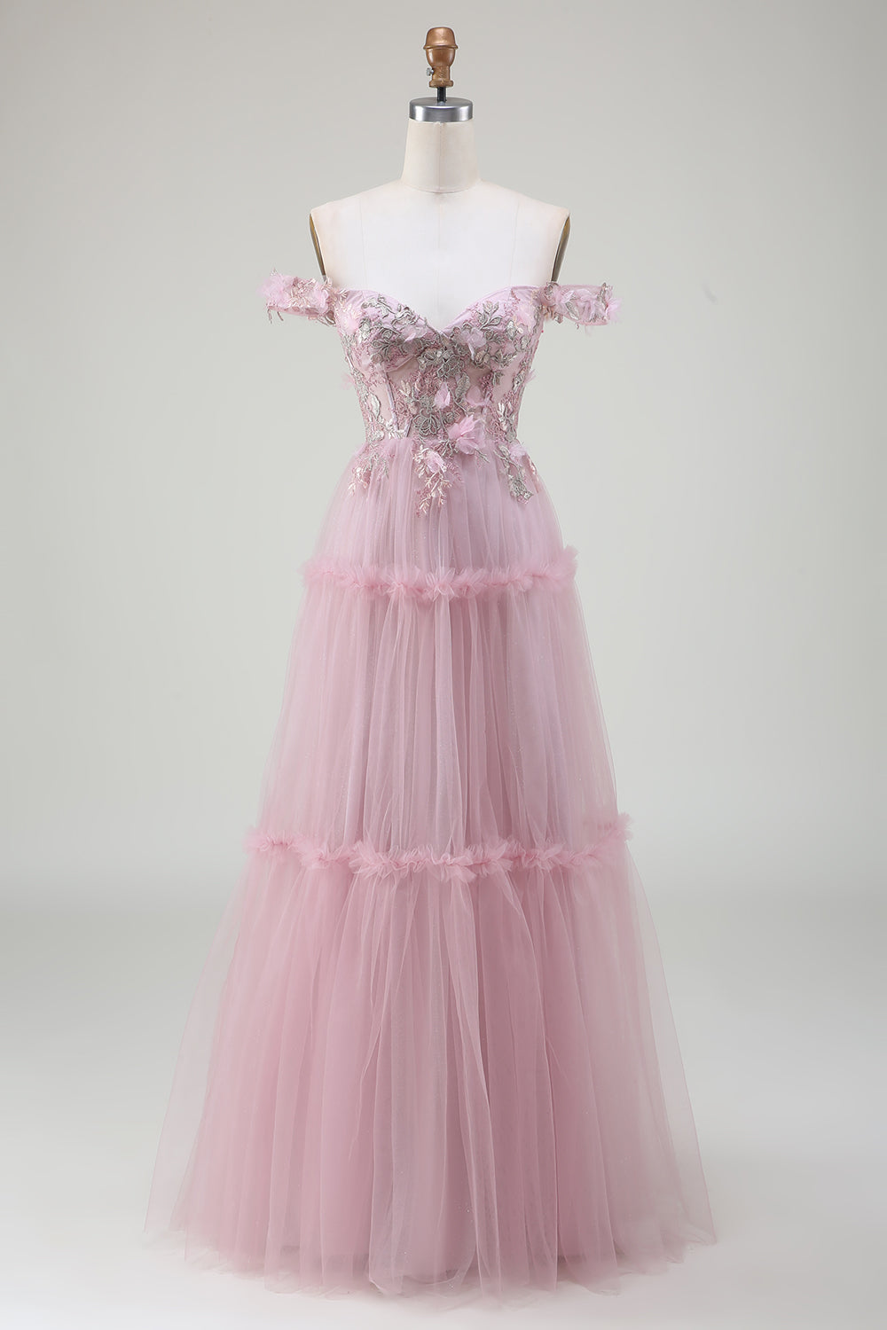 Av Shoulder Tylle Pink Prom kjole med Appliques