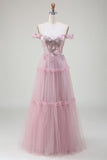 Av Shoulder Tylle Pink Prom kjole med Appliques