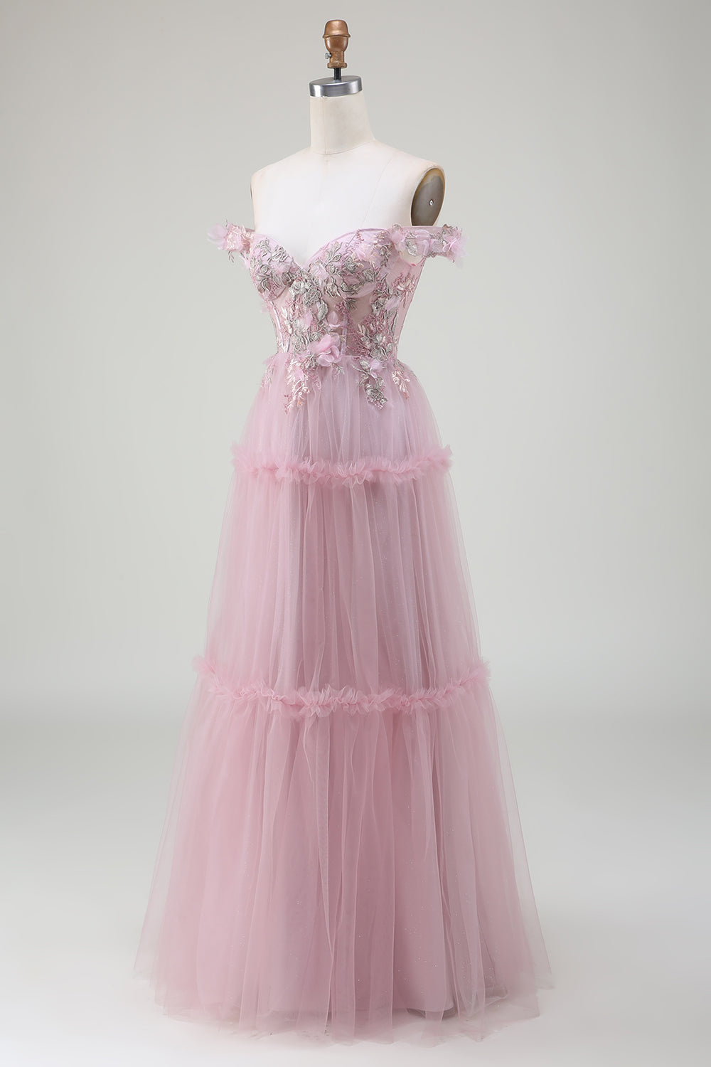 Av Shoulder Tylle Pink Prom kjole med Appliques