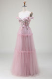 Av Shoulder Tylle Pink Prom kjole med Appliques