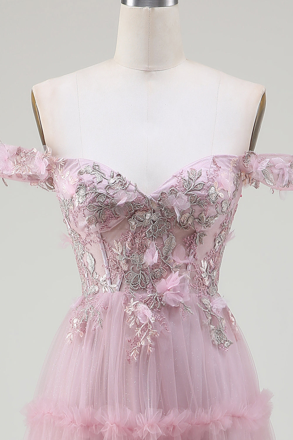 Av Shoulder Tylle Pink Prom kjole med Appliques
