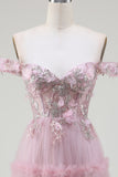 Av Shoulder Tylle Pink Prom kjole med Appliques