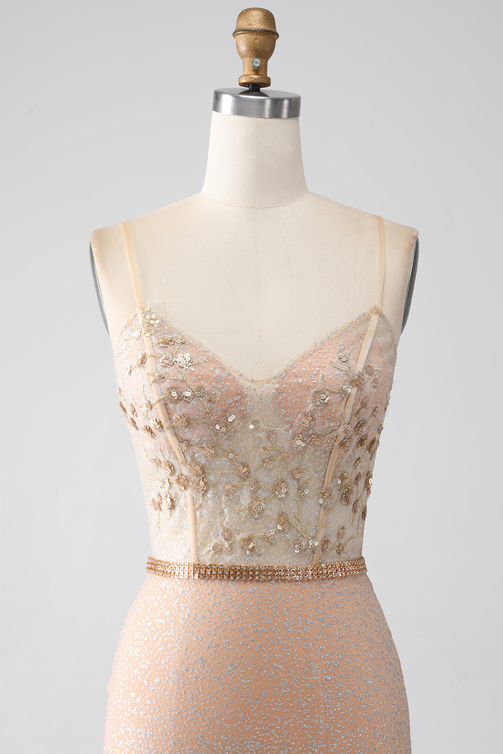 Havfrue Champagne Spaghetti stropper Long Prom Kjole med Slit