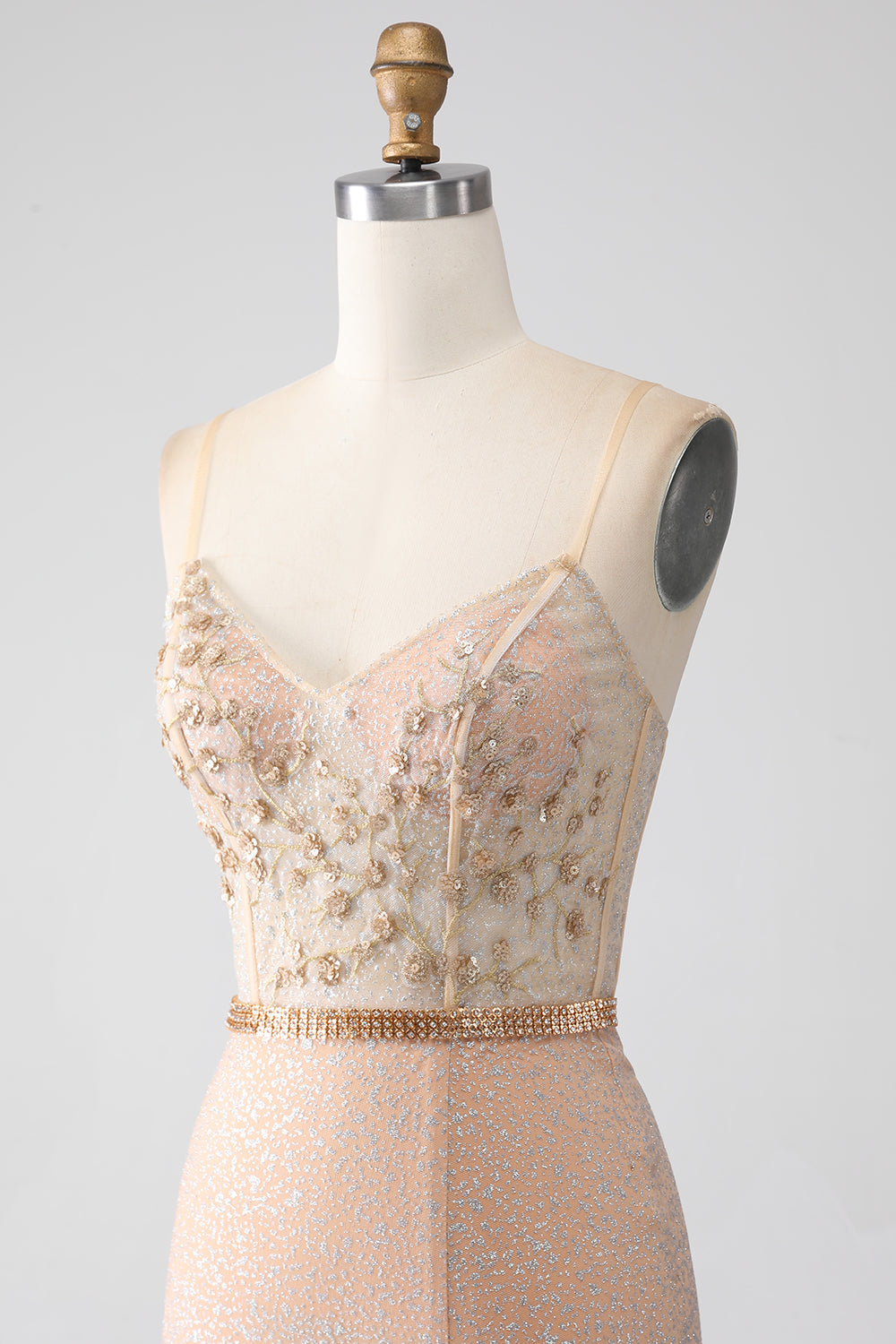 Havfrue Champagne Spaghetti stropper Long Prom Kjole med Slit