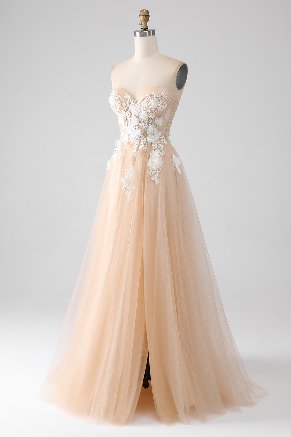 A-Line Champagne stroppeløs korsett Prom kjole med Appliques