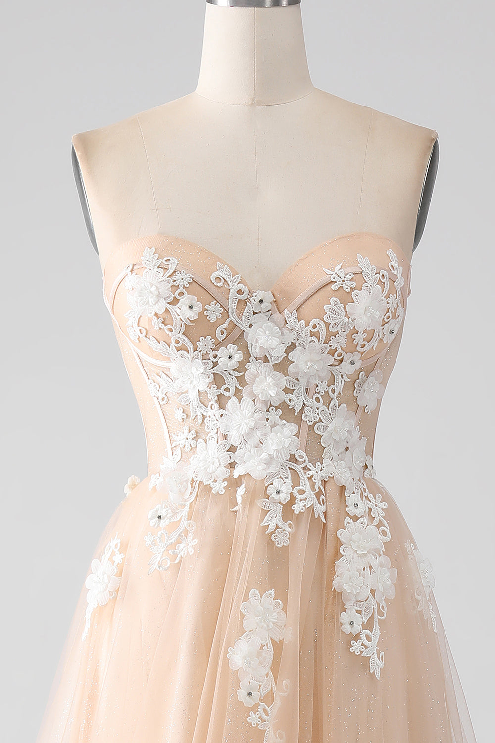 A-Line Champagne stroppeløs korsett Prom kjole med Appliques