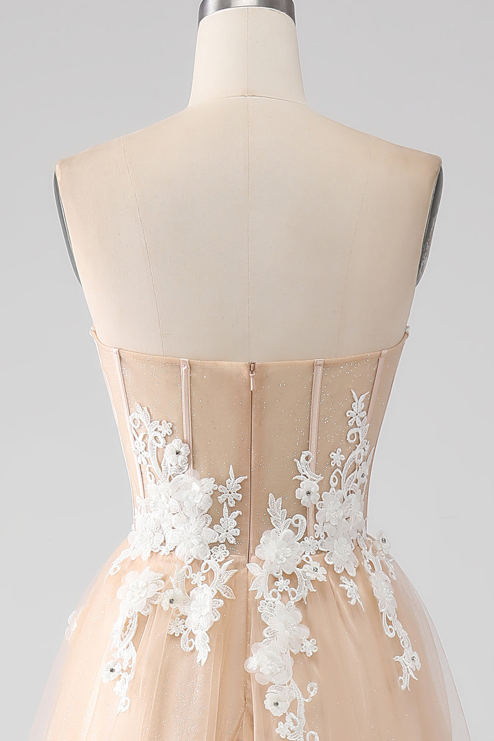 A-Line Champagne stroppeløs korsett Prom kjole med Appliques