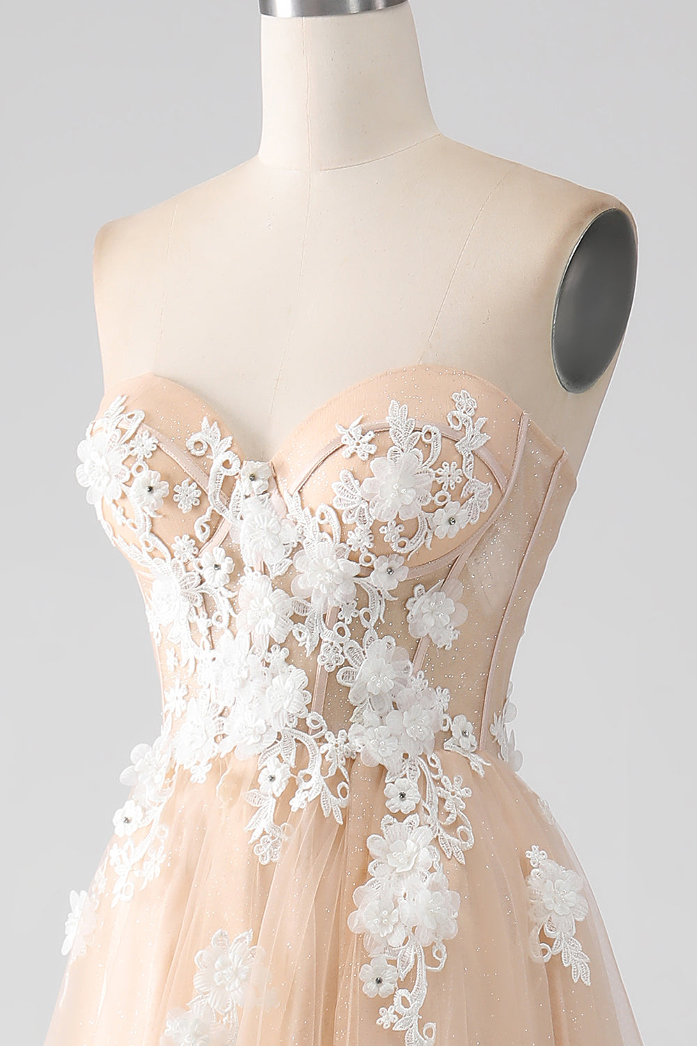 A-Line Champagne stroppeløs korsett Prom kjole med Appliques