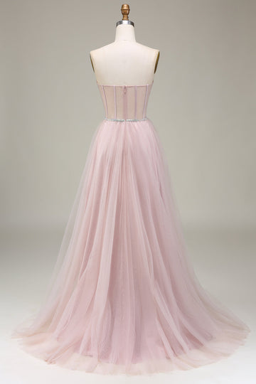 Tylle Sweetheart Light Pink Prom kjole med korsett
