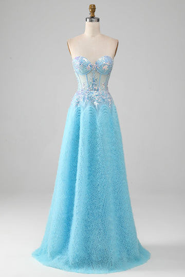Sky Blue Sweetheart Corset Prom kjole med paljetter
