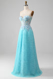 Sky Blue Sweetheart Corset Prom kjole med paljetter