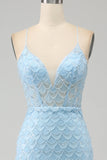 Glitter Sky Blue Spaghetti stropper Mermaid Prom Kjole med Slit