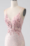 Glitter Pink Beaded Mermaid Prom kjole med Slit