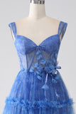 Blå Trykt A Line Tylle Corset Prom Dress