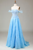 Off the Shoulder Blue A Line Princess Corset Prom kjole med Slit