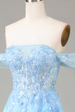 Off the Shoulder Blue A Line Princess Corset Prom kjole med Slit