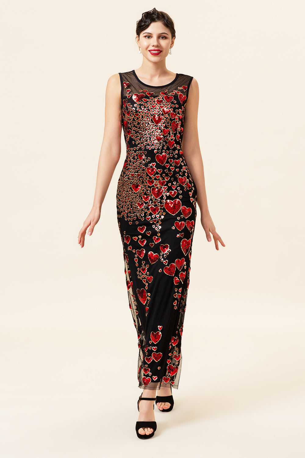 Kappe rund hals mørkegrønn kjærlighetshjerte perlet Gatsby 1920-tallskjole