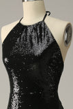 Sheath Halter Black Paljetter Plus Size Prom kjole med åpen rygg