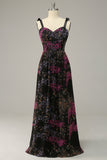 En linje Spaghetti stropper Black Mixed Flower Plus Size Prom kjoler