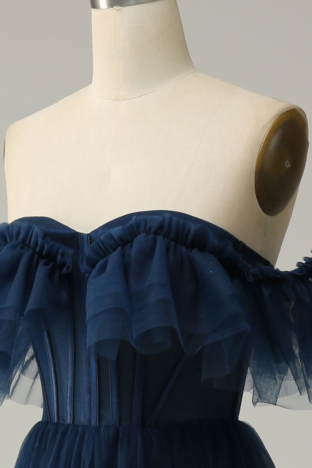 A-Line av skulderen Sweetheart Tulle Navy Long Prom Dress