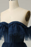A-Line av skulderen Sweetheart Tulle Navy Long Prom Dress