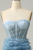 A Line Sweetheart Grey Blue Long Prom Dress med Ruffles