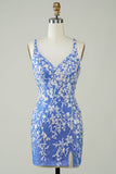 Slire V Hals Blå Kort Homecoming Kjole med Appliques Criss Cross Back