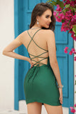 Sparkly Dark Green Beaded Tight Homecoming Dress med blonder