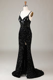 Glitter Mirror Sequins Red Corset Prom Dress med Slit