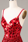 Glitter Mirror Sequins Red Corset Prom Dress med Slit