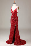 Glitter Mirror Sequins Red Corset Prom Dress med Slit
