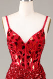 Glitter Mirror Sequins Red Corset Prom Dress med Slit