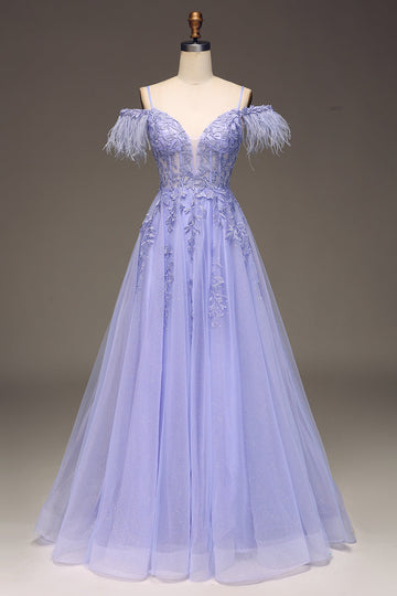 A-Line Cold Shoulder Lilac Corset Prom Kjole med Appliques