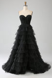 Glitter Sweetheart Black Corset Prom kjole med Slit