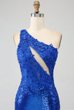 En skulder Royal Blue Mermaid Prom kjole med spalt