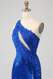 En skulder Royal Blue Mermaid Prom kjole med spalt