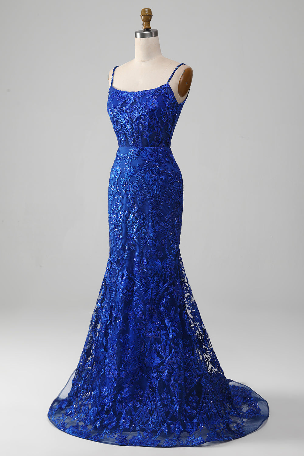 Sparkly Royal Blue Mermaid Spaghetti stropper Lang ballkjole med applikasjoner