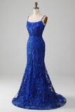 Sparkly Royal Blue Mermaid Spaghetti stropper Lang ballkjole med applikasjoner